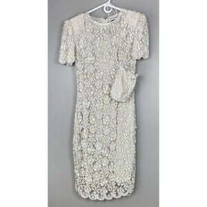 VTG Nipon Night Beaded & Sequin Size M White Wedding Formal Dress Matching Purse